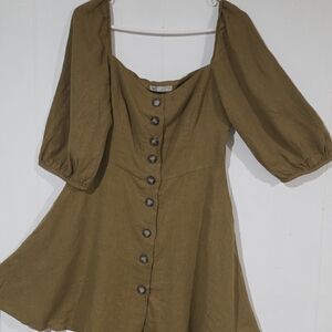 Zara TRF button-front linen-blend mini featuring a square neck puff sleeve